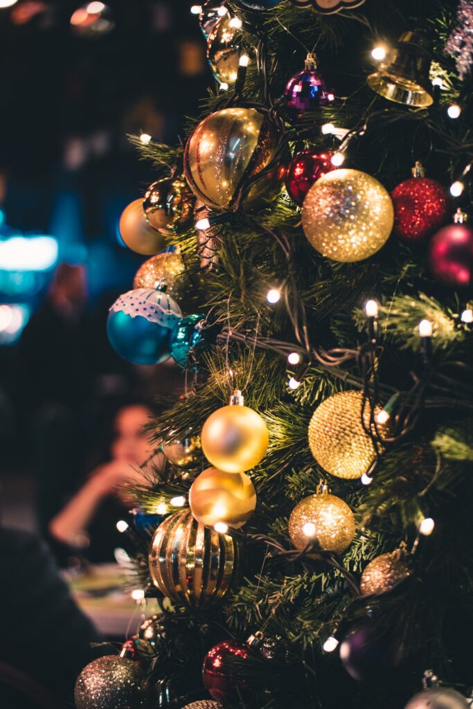 Christmas ornaments hanging on a tree